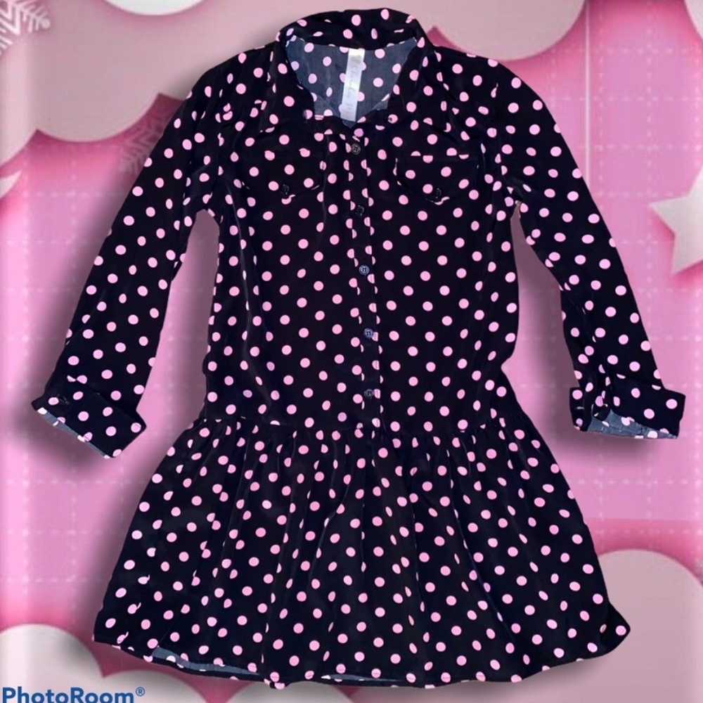 🚨BOGO❗️ CHEROKEE Black w/ Pink Polka-Dots Long-Sleeve Silky Dress, Girl's M